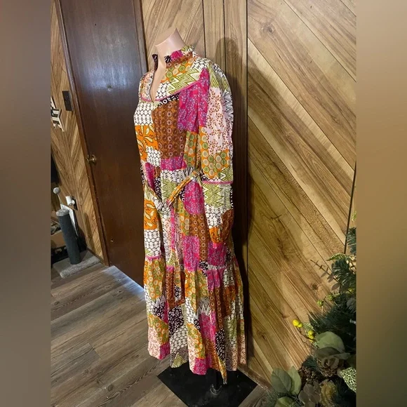 FATE Women's Medium Happy For You Patchwork Midi Dress Fuchsia Pink Boho - Picture 7 of 10